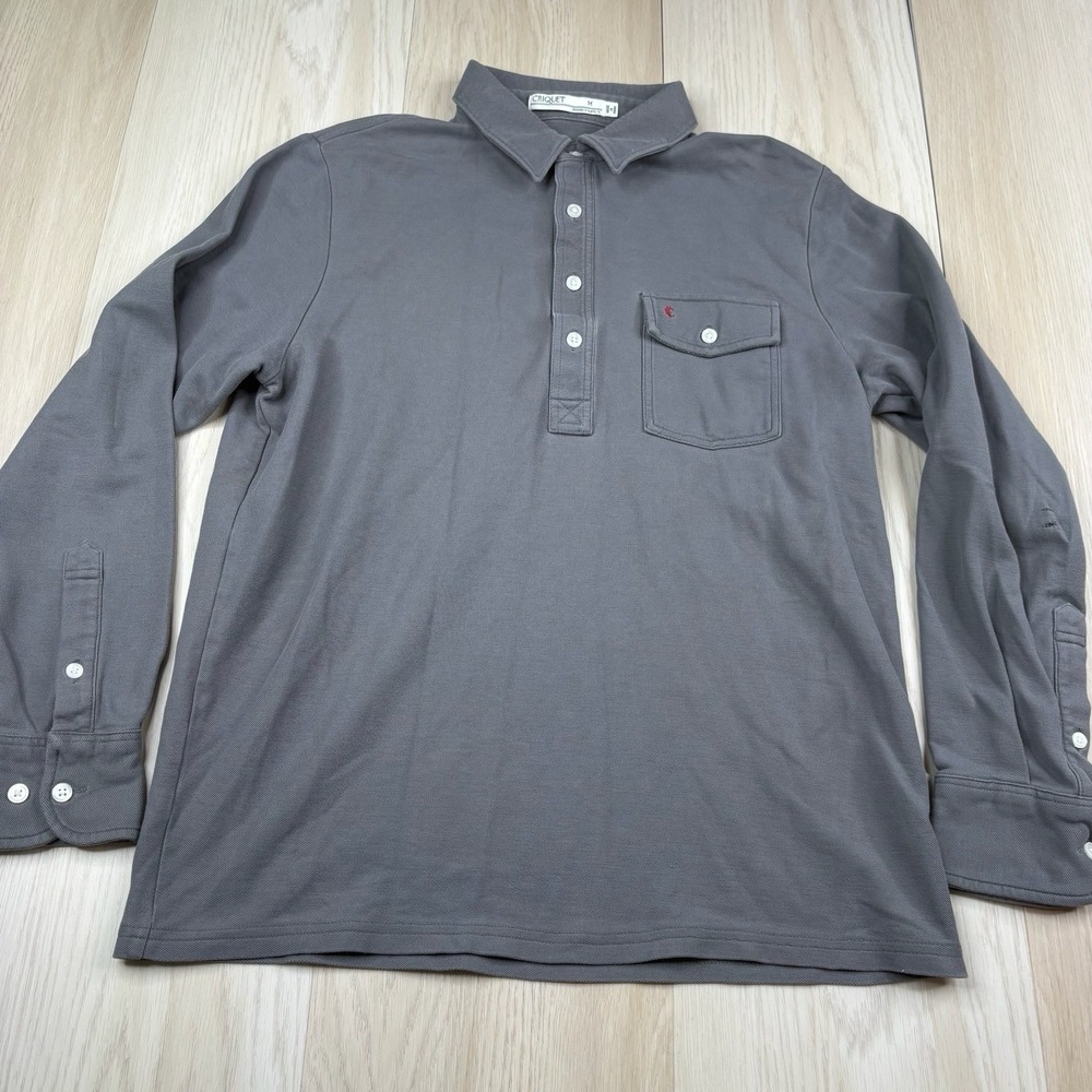 Criquet Polo Shirt Gray Long Sleeve Embroidery Pima Pocket Mens Size M Medium